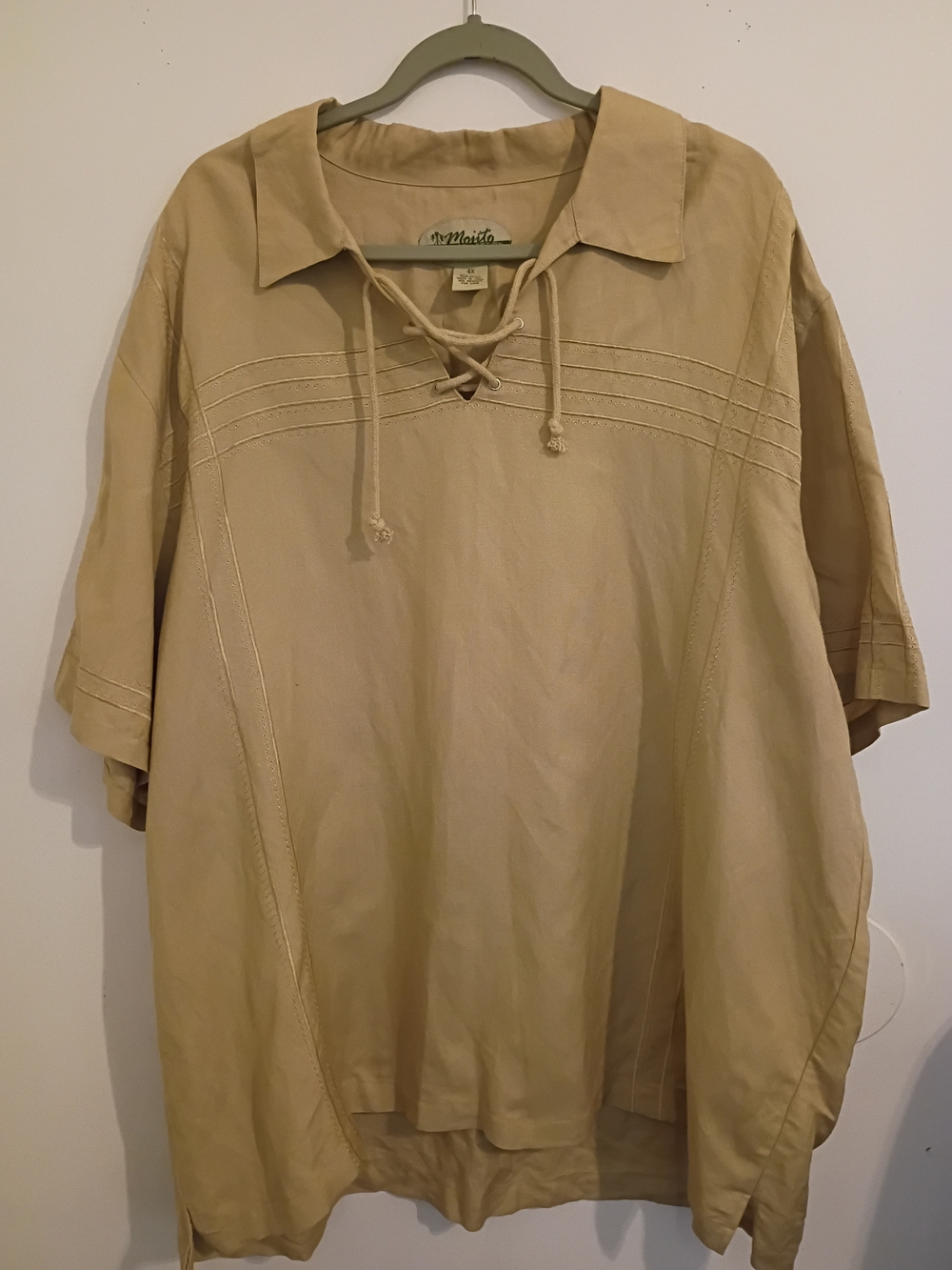 Mojio Men's Tan Lace-Up Collar Short Sleeve Shirt Linen Blend Sz 4X